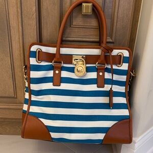 Michael Kors Blue and White Striped Satchel
